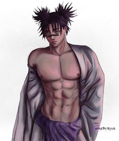 a male anime character with black hair and no shirt on, standing in front of a white background