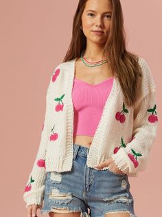 Celebrate love and style with this cherry-embroidered cardigan, a perfect companion for Valentine's Day. Infused with romantic charm, it adds a sweet touch to your ensemble, making your heart skip a beat with every wear. Cider Clothing, Cherry Cardigan, Fun Cardigan, Camo Christmas, Cherry Embroidery, Taylor Swift Dress, Cherry Pattern, Bow Sweater, Free Jeans