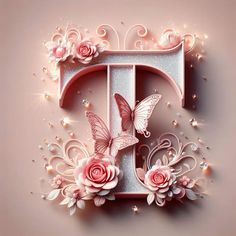 the letter f is decorated with pink flowers and butterflies, as if it were made out of paper