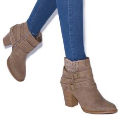 With Just A Hint Of Sweater-Knit At The Side And Buckled Straps, Riley Has A Little Bit Of Almost Every Trend. Wear This Cute, Cozy Bootie For Daytime Adventures And Evening Outings. Material: Faux-Leather And Fabric. Imported. Color: Taupe Outside Heel Height: 3.5" Fit: True To Size. Shaft Height: 4" *** All Shoes Are Mailed Without Original Box****** Casual Winter Booties Medium Width, Casual Fitted Winter Booties, Fitted Casual Winter Booties, Camel Ankle Boots, Boots With Heels, Leopard Print Ankle Boots, Lace Up Heel Boots, Heels Brown, Zipper Heels