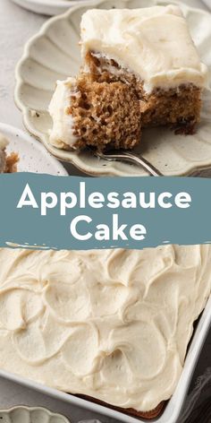 a close up of a piece of cake on a plate with the words applesauce cake