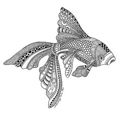 a black and white drawing of a fish with patterns on it's back side