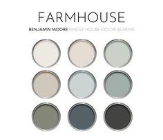 six different shades of paint with the words farmhousee in white and black on them