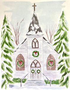 a watercolor drawing of a church with wreaths on the front door and steeple