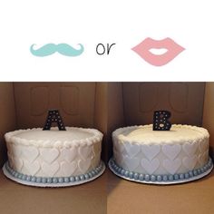 there are two cakes in the box with letters and mustaches on them, one is white