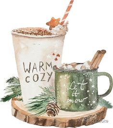 watercolor painting of two mugs of hot chocolate and cinnamon on a tree stump