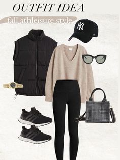 Classy Laid Back Style, Activewear Fall Outfits, Athleisure Capsule Wardrobe Winter, Athleisure Vest Outfits, Athletileisure Outfits Women, Puffer Vest Outfit Inspiration, Black Vest And Leggings Outfit, Women’s Fall Athleisure, Sport Leisure Outfit