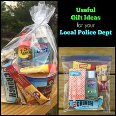 some food items in a plastic bag on a wooden table with the words useful gift ideas for your local police dept