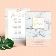 a white and gold marble wedding program card on a pink background with a green leaf