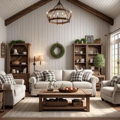 a living room with couches, chairs and a coffee table in front of a window