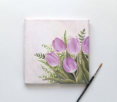 a painting of pink tulips with green leaves on a white background next to a paintbrush