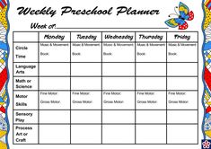 the weekly preschool planner is shown with butterflies and flowers on it's back side