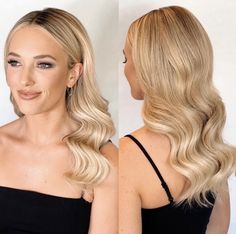 Sleek Front Wedding Hair, Crimped Bridesmaid Hair, Down Do Bridesmaid Hair, Sleek Middle Part Glam Waves, Bridal Hair Chic, Formal Hair For Round Face Shape, Down Do Wedding Hair Bridesmaid, Wedding Finger Waves, Champagne And Chanel Wedding Hair