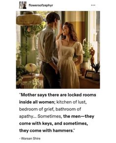 a man and woman standing next to each other in front of a window with the caption mother says there are locked rooms inside all women, kitchen of lust