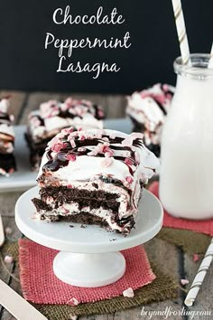 chocolate peppermint lasagna on a plate with milk