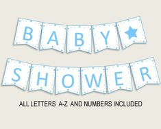 baby shower banner with snowflakes and hearts in blue on the bottom, all letters a - z and numbers included