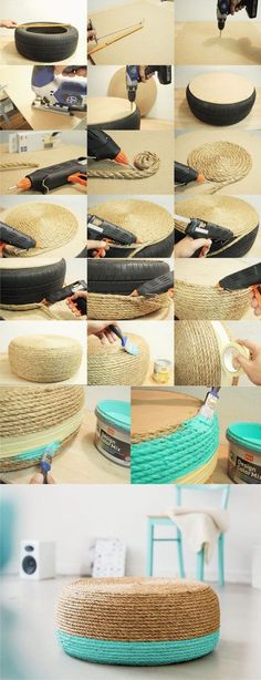 several pictures of different types of furniture made out of rope and wood, including an ottoman