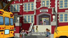 a school bus parked in front of a red building with children standing outside the door