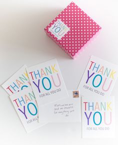 three thank you cards in a pink box with polka dots on them and the words thank you for all you do