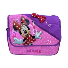 Adorable and sweet Minnie Mouse messenger bag with a bow and a big smile. Measures approx 15"W x 12"H x 4"D. Perfect for school or a casual day outing. Gender: female.  Age Group: adult. Princess Charming, School Bookbags, School Books, Blue Backpack, Disney Cars, Disney Mickey Mouse, Lunch Bag, Disney Mickey, Cloth Bags