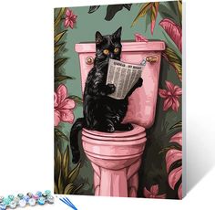 a black cat sitting on top of a pink toilet reading a newspaper with flowers in the background