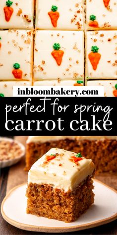 carrot cake with white frosting on top and the words perfect for spring carrot cake