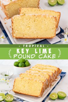 key lime pound cake on a plate with lemons and limes in the background