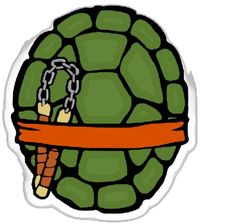 a sticker depicting a turtle with a chain and carrots tied to it's back