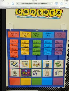 a bulletin board with the word centers on it and polka dot border around it in black and white