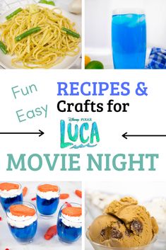 four different pictures with the words fun and easy crafts for luca movie night on them