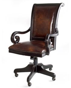 an office chair with leather upholstered back and arm rests on casteor wheels