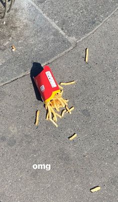 the fries are on the ground with ketchup and mustard sticks sticking out of them