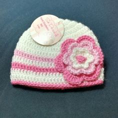 Hat With Flower Done In White And 2 Shades Of Pink, Acrylic Yarn. White Adjustable Crochet Hat For Spring, Adjustable White Crochet Hat For Spring, Spring White Adjustable Crochet Hat, Adjustable White Crochet Hat With Brim, Adjustable White Brimmed Crochet Hat, Cute Cream Beanie Hat, White Adjustable Brimmed Crochet Hat, Pink Beanie Mini Hat For Spring, White Adjustable Beanie For Babies