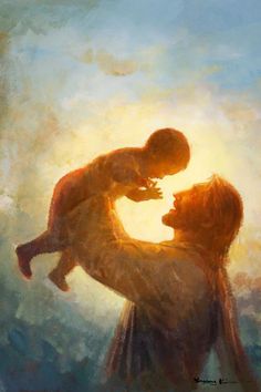 a painting of a man holding a child in his arms with the sun behind him