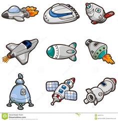 a bunch of different types of toys on a white background with space shuttles and rockets