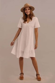 Women's Cute & Comfy Dresses Online Shopping - Petallush Cotton Lace Dress, White Knee Length Dress, Knee Length Lace Dress, Summer Dresses Knee Length, Spring Dresses Women, Future Wardrobe, Wedding Clothes, Embroidered Midi Dress, Hat Ideas