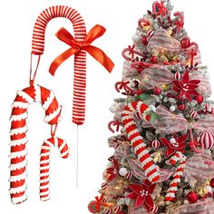 a christmas tree decorated with candy canes and bows next to a red and white ornament