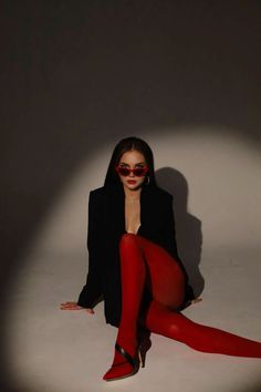 Red Long Gloves Outfit, Lady In Red Photoshoot, Casual Photoshoot Ideas, Monochromatic Photoshoot, Valentine Photo Shoot, Red Tights, Fiesta Outfit, Studio Photography Poses