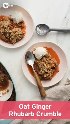 three plates filled with food on top of a white table next to utensils