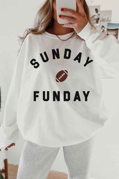 SUNDAY FUN DAY FOOTBALL GAME DAY GRAPHIC SWEATSHIRTPREMIUM COTTONUNISEX SIZINGCLASSIC FITMade In: USA White Sweatshirt Outfit, Sunday Funday Outfit, Athleisure Tops, Trendy Aesthetic, Fun Day, Plus Size Shopping, Football Game, Denim Leggings, Clothes Ideas