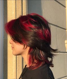 hair #color #wolfcut #redhair Red Hair Color Wolfcut, Red And Black Hair Color Short, Hair Dye Ideas With Black Hair, Layered Hair With Red Tips, Black Hair Orange Bangs, Red N Brown Hair, Alt Hair Color Ideas For Brunettes, Short Hair With Red Tips, Wolfcut Color Ideas