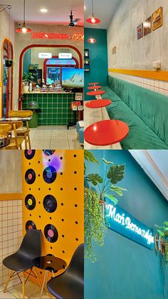 the inside of a restaurant with tables, chairs and neon signs on the walls in different colors