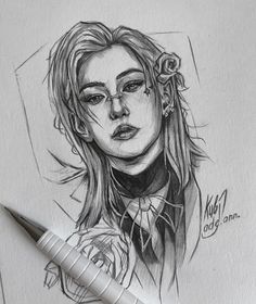 a pencil drawing of a girl with glasses and a flower in her hair, holding a rose