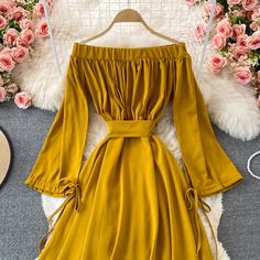 Cute A line long sleeve dress fashion dress Fabric: blended Color: purple, yellow, pink, green, red, black Size(cm): free size length 119 bust 120 waist 80 Dress Fabric, Off Shoulder Blouse, Free Size, Fashion Dresses, Dresses With Sleeves, Long Sleeve Dress, Purple, Yellow, Long Sleeve