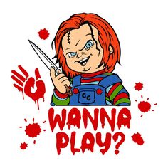 a cartoon character holding a pair of scissors with the words wanna play? on it