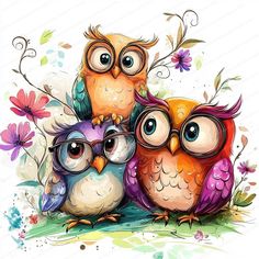 three owls with glasses sitting on top of each other in front of flowers and butterflies