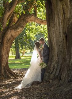 a bride and groom standing next to each other in the shade of some large trees