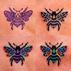 four different colored tattoos on the back of a woman's stomach, each with a bee