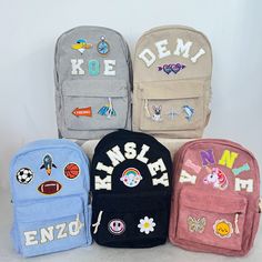 **How to Order 1. Select the color of your backpack. 2. Provide customization details in the designated box: include your text, font color, and any personalized patches. 3. You may also share your customization ideas with us via messages. Examples: 1. Kinsley (white letters) 2. 162.114.120. (patches) After you purchase, I will make a design and send it to you for preview as soon as possible. You need to pay attention to the message I send you. **Product Description - **Size Standard dimensions a School Bag With Letter Patch For Back To School, School Bags With Letter Patch For Back To School, Back To School Bags With Letter Patch, Personalized Casual Backpack For Back To School, Casual Personalized Backpack For Back To School, Casual Customizable Backpack For Back To School, Corduroy Backpack, Customization Ideas, White Letters