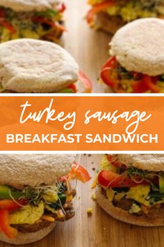 there are several sandwiches with different toppings on the top one is turkey sausage and the other is breakfast sandwich